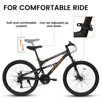 Ecarpat 24 inch Mountain Bike Full Suspension, 21 Speeds Dual Disc Brake Men Boys Bike for 10+ Years, Carbon Steel Frame, Trail Beach Snow Commuter City Bikes, Birthday Gift Choice