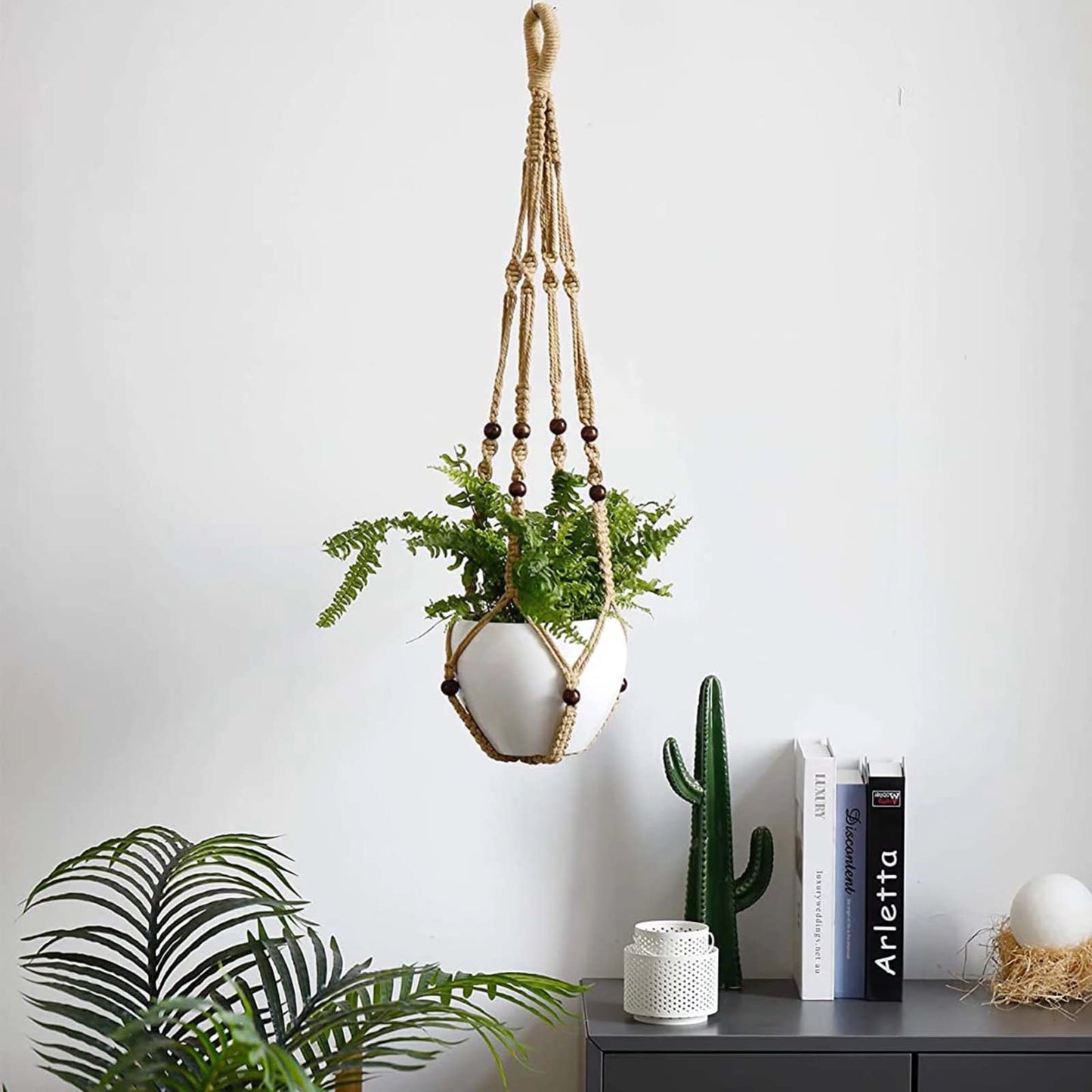 AKEIE Macrame Plant Hanger 3 Pack Indoor & Outdoor Wall Hanging Planter + 3 Hooks Hanging Planters Basket Cotton Rope 4 Legs 35 Inch Used for Herbs Ferns Ivy Crawling Plants Hanging Planters(Brown)