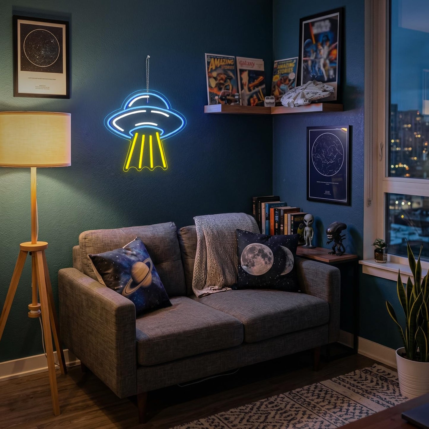 LUCUNSTAR UFO Neon Sign For Room Alien LED Neon Light Spaceship Dimmable Space Neon Signs for Wall Decor Blue UFO Neon Light Up Sign for Bedroom Game Room Wall Decor Ufo Lovers
