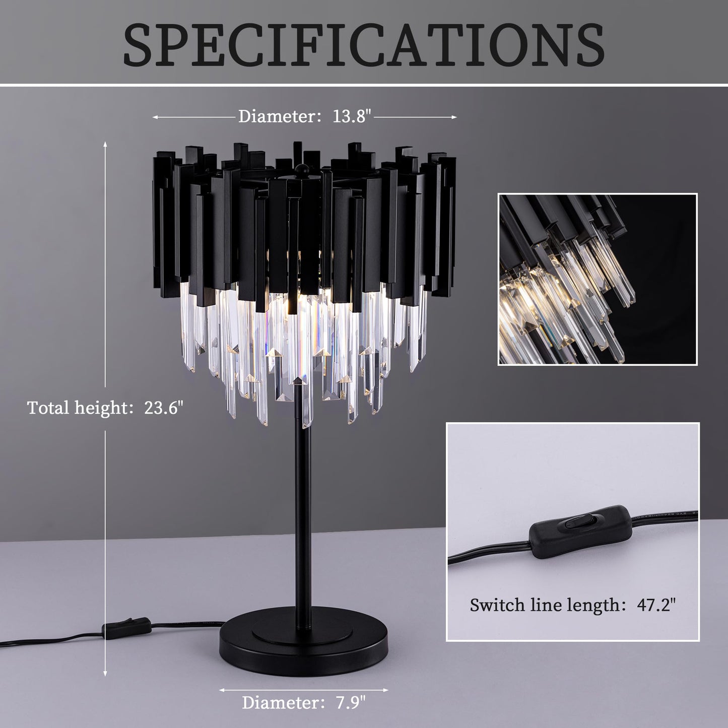 Wellmet Black Crystal Table Lamp,3 Lights Table Lamps for Bedroom,Black Bedside Nightstand Lamps for Living Room,Small Decorative Desk Lamp for Reading Room,Metal Base