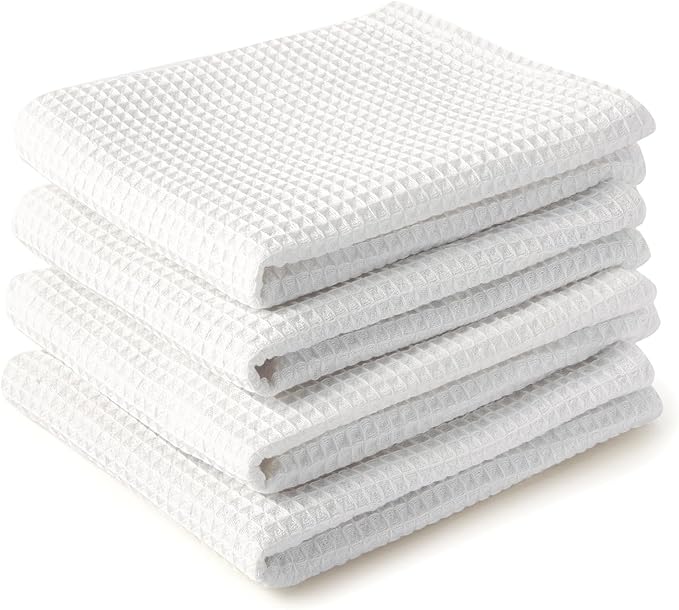 Encasa XO Kitchen Dish Towels Set | White | Waffle Weave and Flat Hand Tea