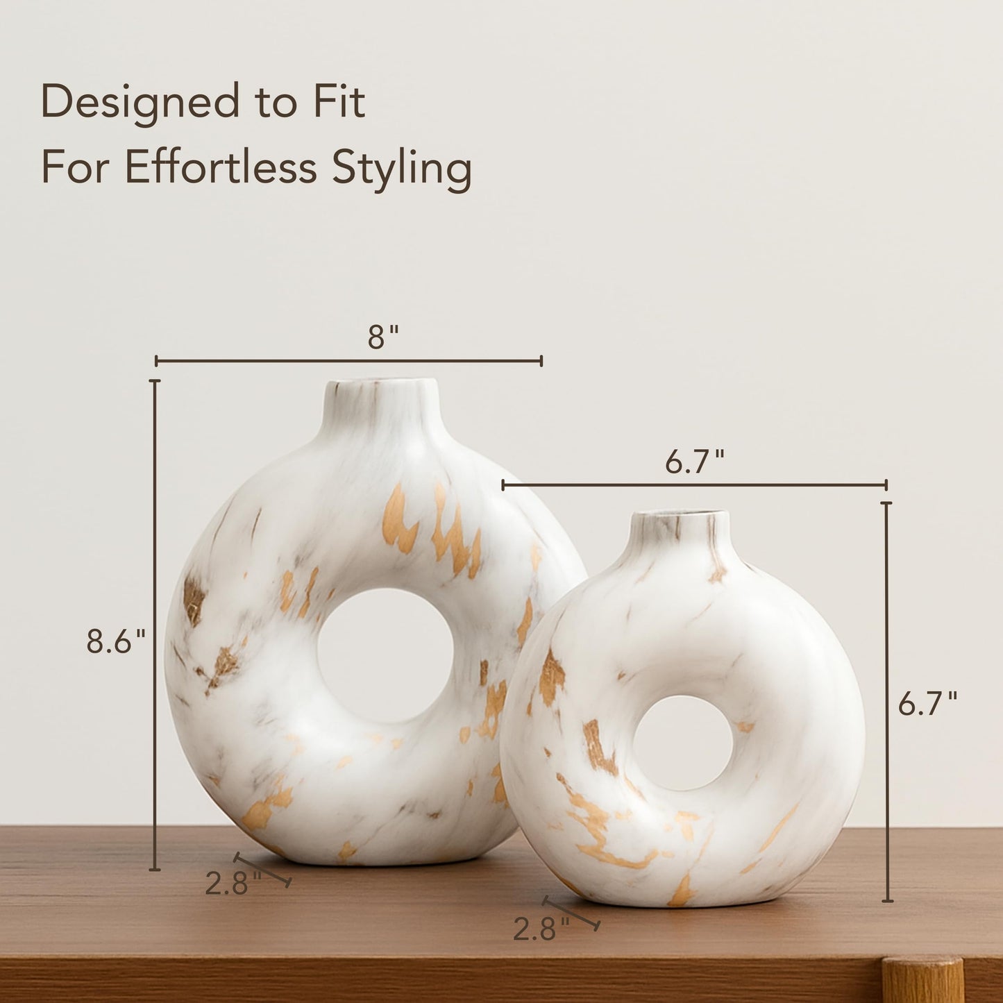 Modern Ceramic Donut Vase Set of 2 - Boho Design White and Gold Marble Pattern Vases for Flowers and Pampas - Elegant Home Decor Centerpieces for Coffee Tables - Entryways - Dining and Living Rooms