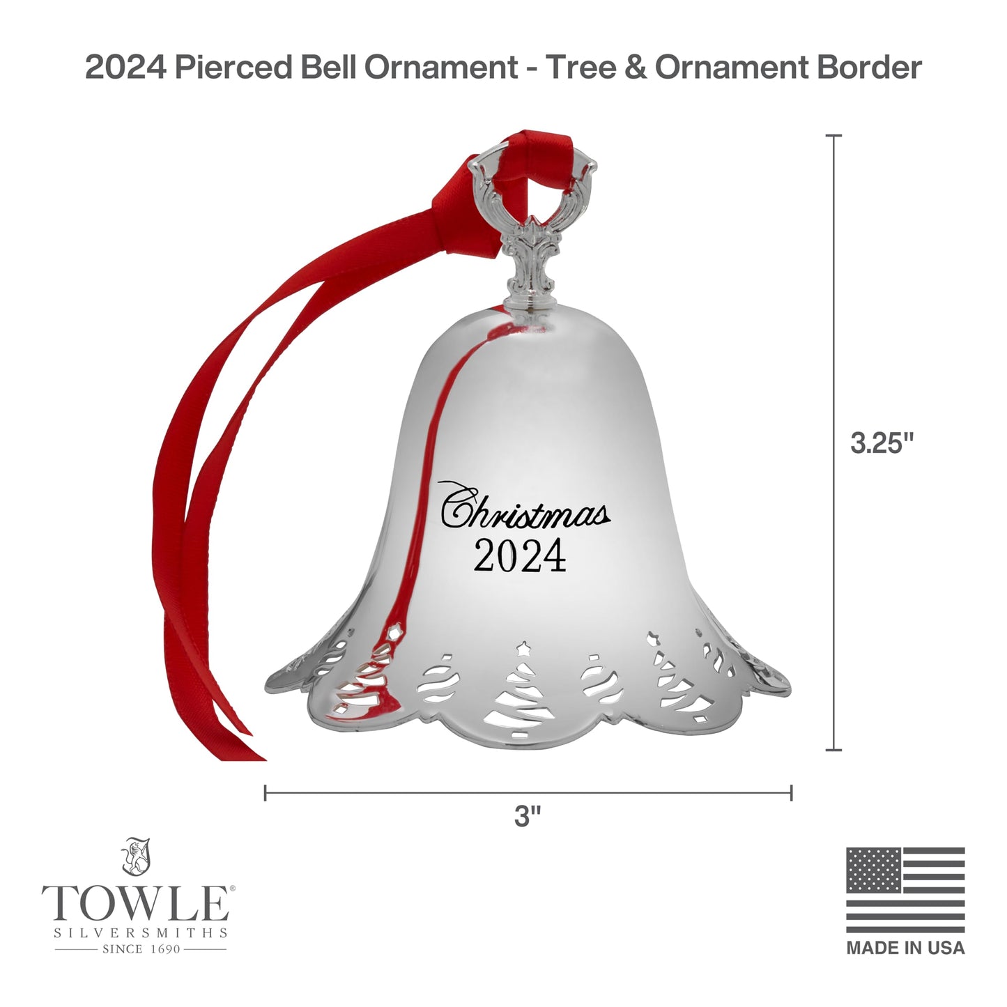 Towle Silver Plated Christmas Bell Ornament 2024-45th Anniversary Edition, Pierced Border with Tree and Ornament Motif, Collectible Holiday Decoration