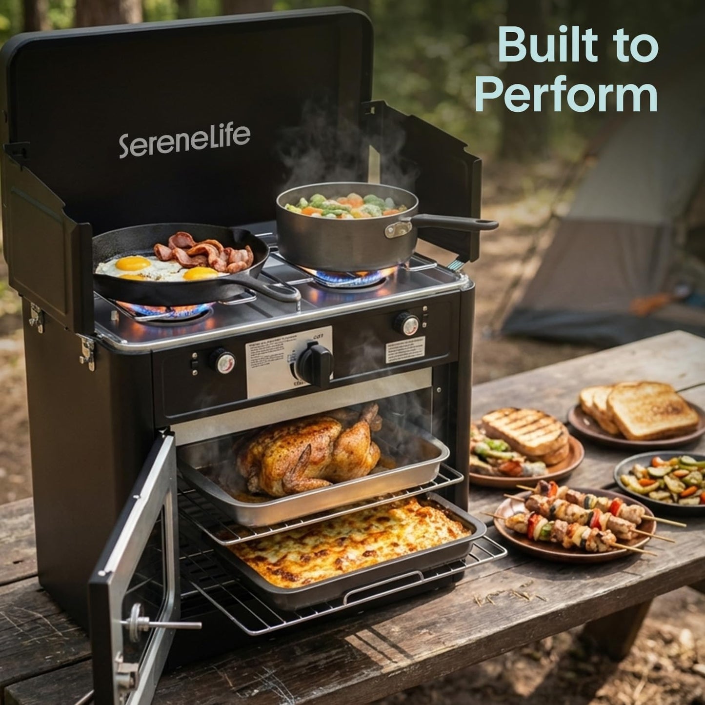 Camping Oven 3 in 1 Stove Oven Combo, Outdoor Camp Oven with 2 Burner Cooking, Piezo Ignition and Temperature Control, Compact RV, Camping and Tailgating