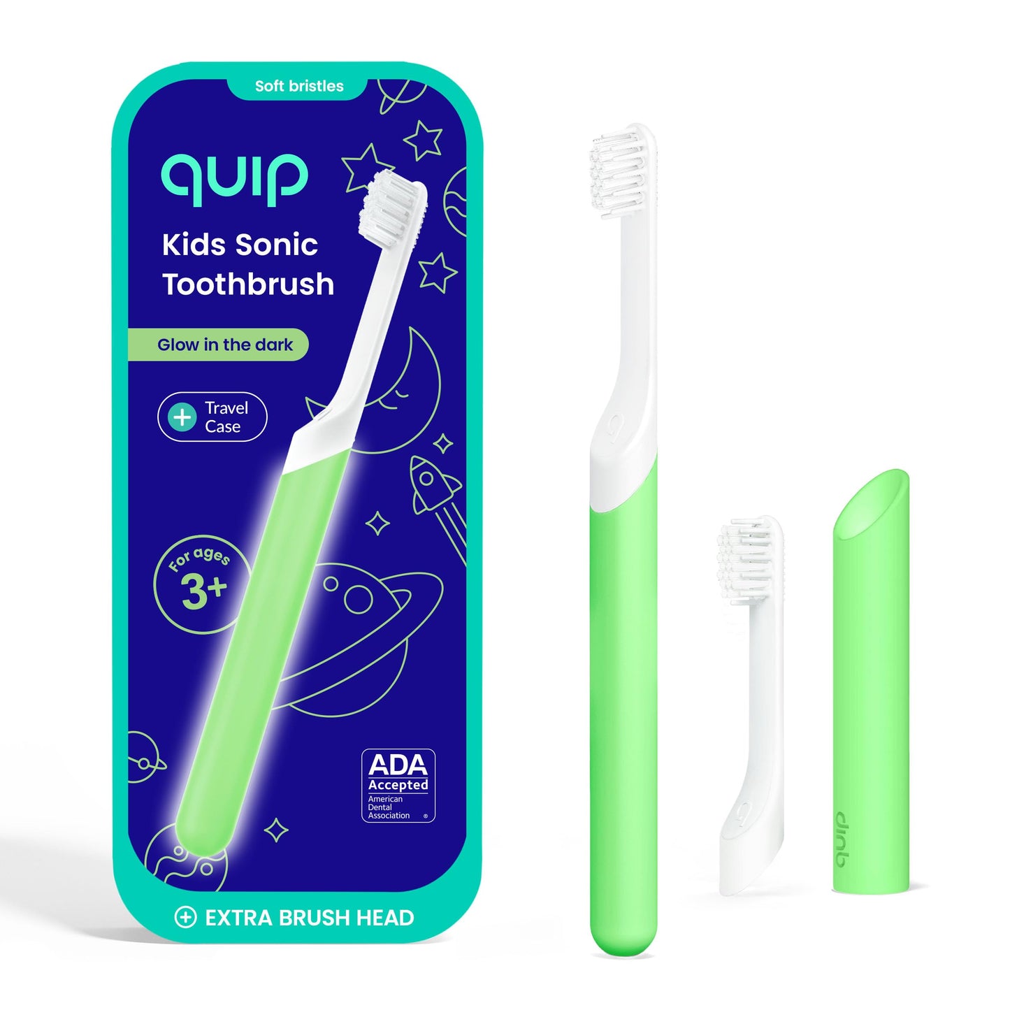 Quip Sonic Toothbrush for Kids with Timer - Includes Extra Brush Head and Travel Cover Mount - Electric, Soft Bristle Refill Head, Rubber Handle, 3 Month Battery Life - Travel Toothbrush - Blue