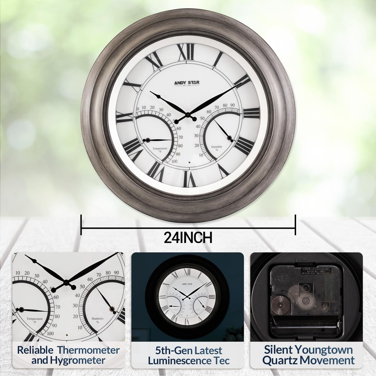 ANDY STAR 24 Inch Outdoor Clocks Waterproof,Large Outdoor Wall Clocks for Garden Patio Pool, Modern Lighted Metal Clock Battery Operated with Thermometer&Hygrometer, Gray Oak Wooden Non Ticking
