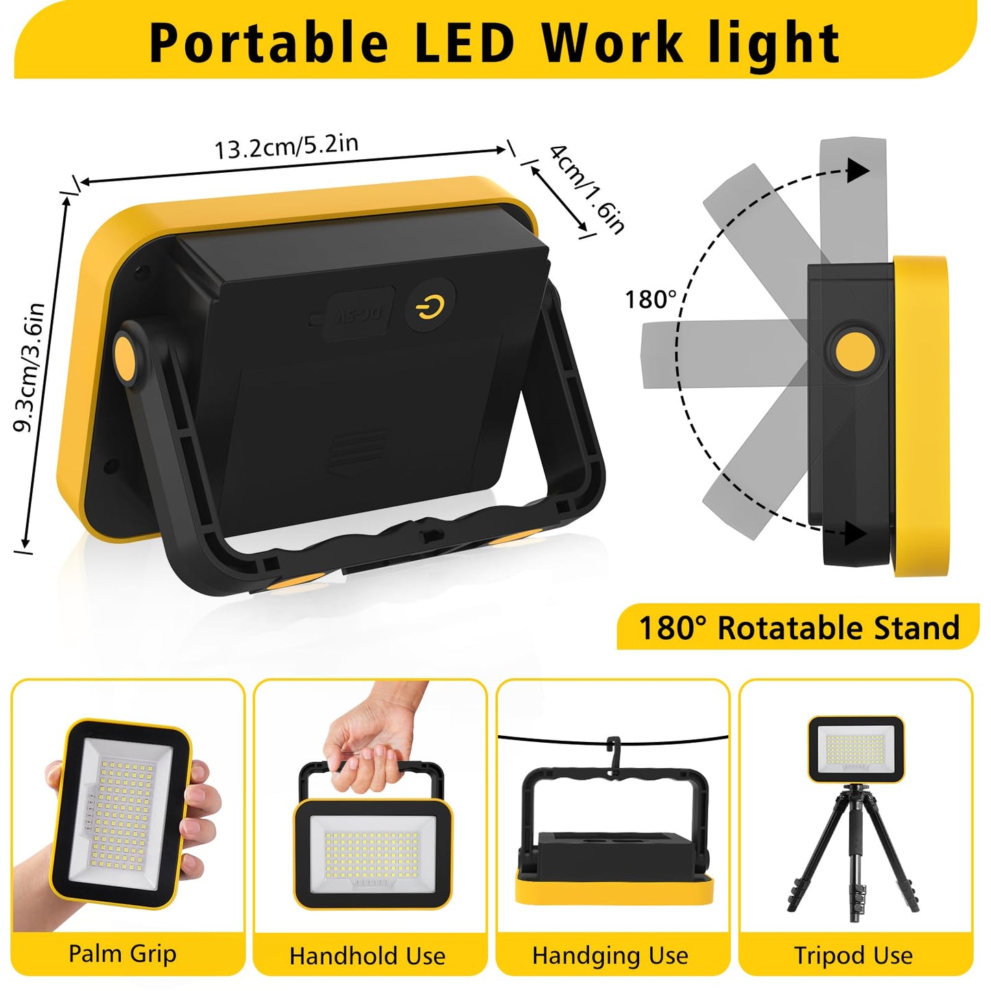 NATPOW LED Work Light, Rechargeable Floodlights, Portable Spotlight, 5 Modes Workshop Lamp with 4000 mAh, 180° Rotation Camping Lamp for Construction Site, Garage, Workshop (2 Packs)