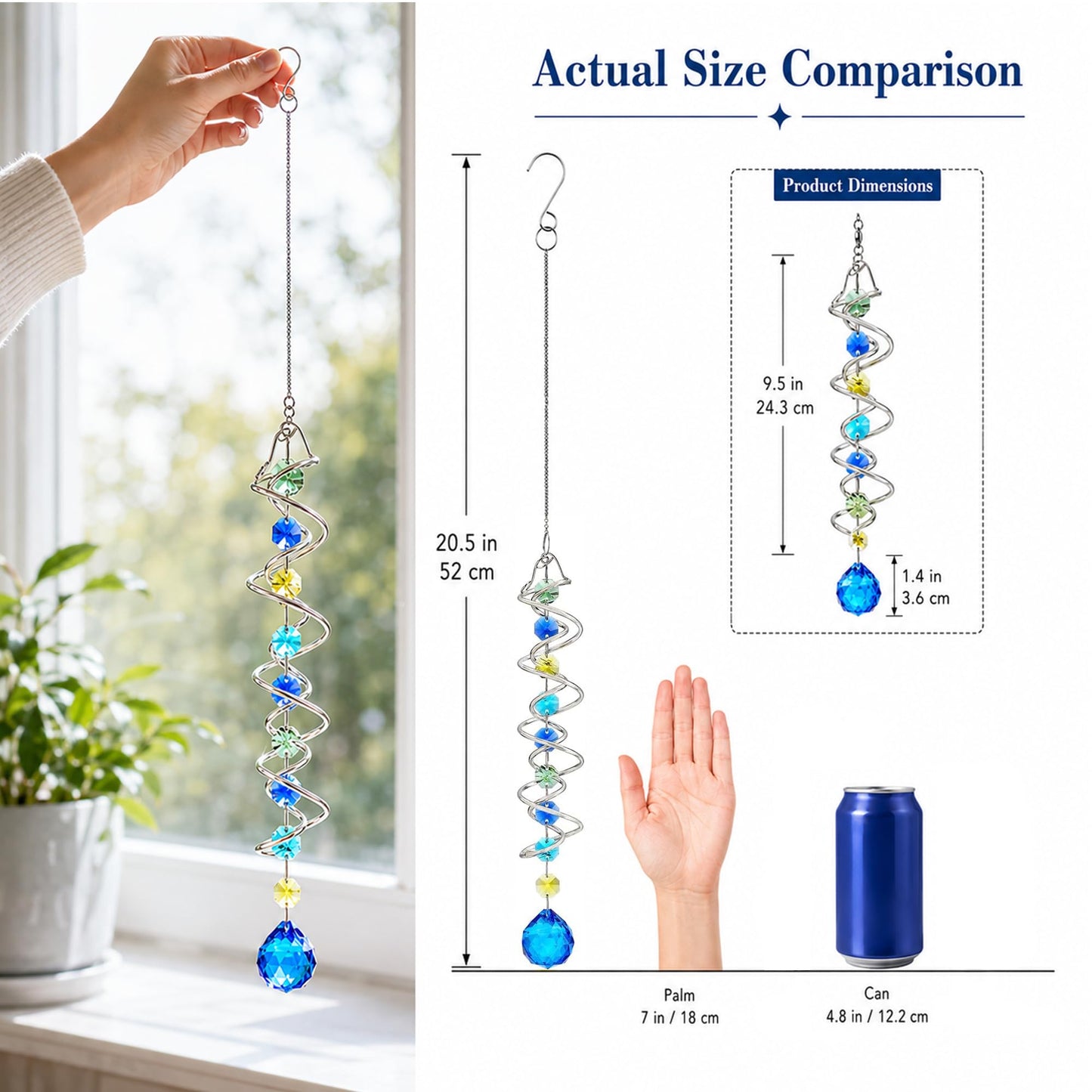 H&D HYALINE & DORA 20.5inch Gazing Ball Spiral Tail,Decorative Wind Spinner Sun Catcher,Rainbow Maker Double-Spiral W/Sea Blue Crystal Ball and Chain,Glass Crystals for Indoor Outdoor Decoration