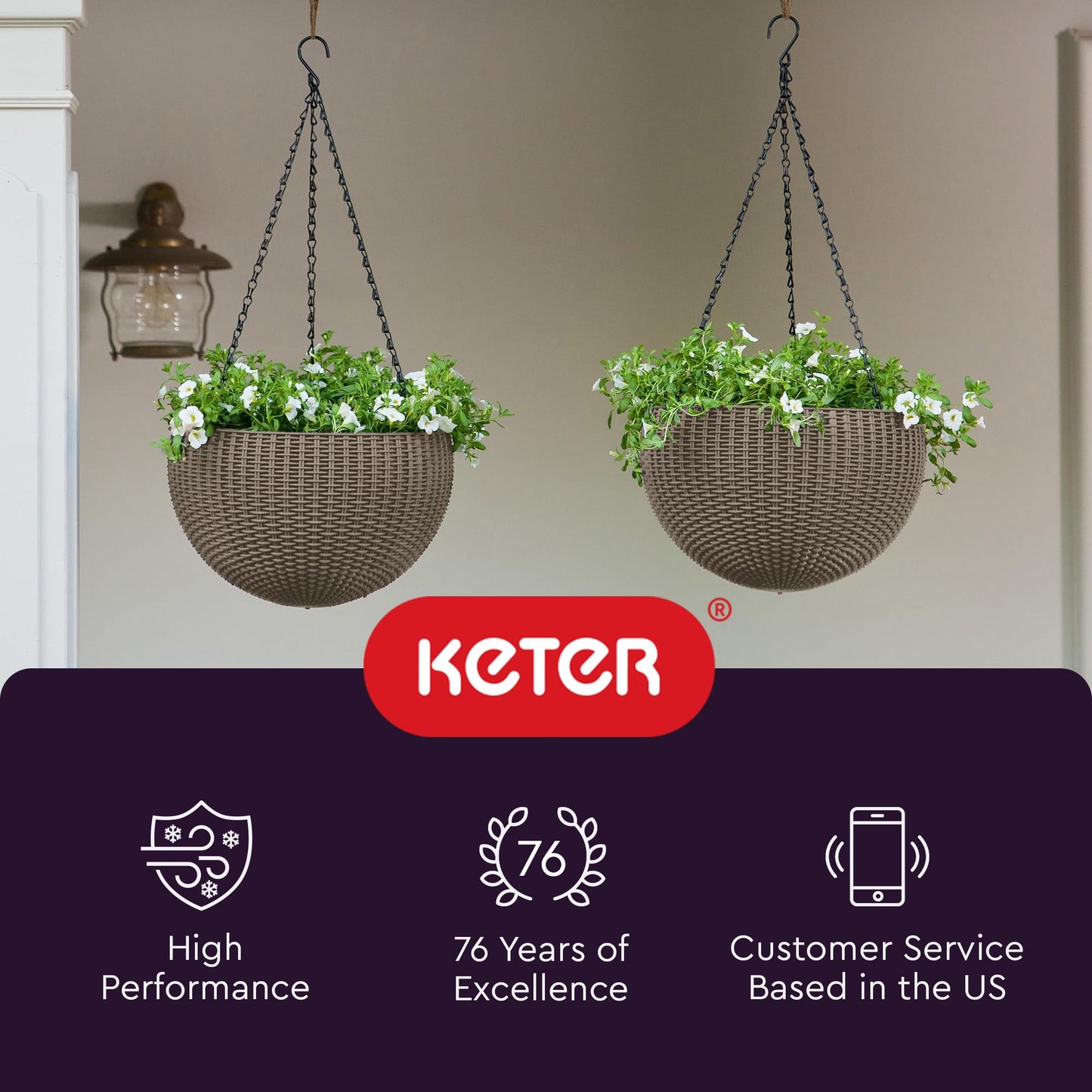 Keter Resin Rattan Set of 2 Round Hanging Planter Baskets for Indoor and Outdoor Plants-Perfect for Porches and Patio Decor, Cappuccino