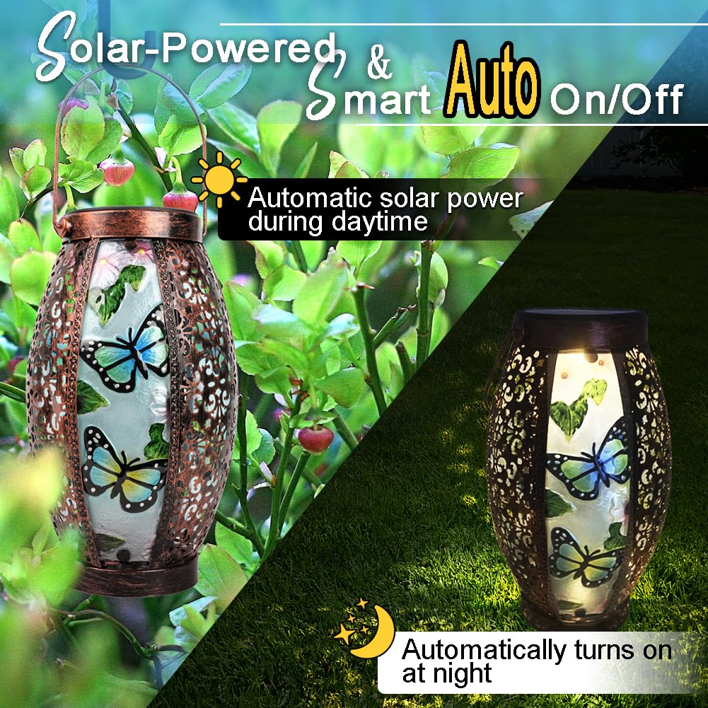 TEYIGARDEN 16" H Butterfly + 16" H Hummingbird Solar Lanterns Glass & Metal Hanging Lantern Outdoor Waterproof Tabletop Light with Hollowed-Out Design for Garden Patio Table Decor Christmas Gifts