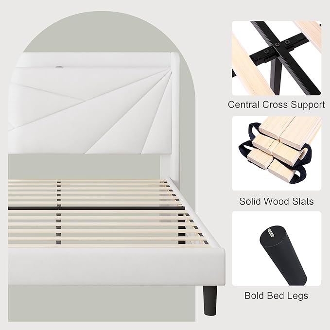 Feonase Full Bed Frame with Charging Station, Velvet Upholstered Platform