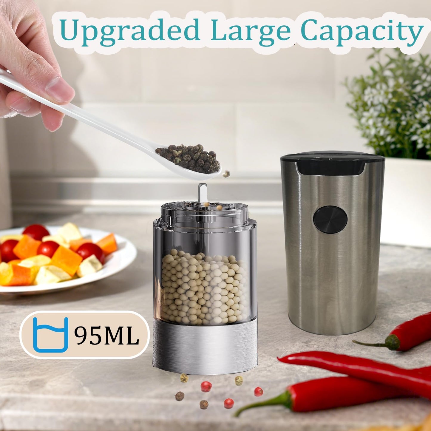 Electric Salt and Pepper Grinder Set, Automatic Salt Pepper Mill Grinder with Adjustable Coarseness, 95ml Large Capacity, LED Light & Easy Refill, Battery Operated Spice Grinders for Kitchen (Sliver)