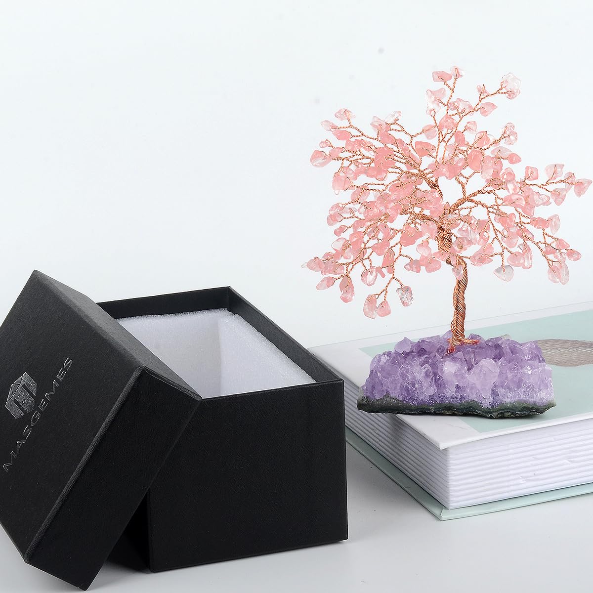 MASGEMES Natural Rose Quartz Gemstone Crystal Tree of Life, Amethyst Cluster Base,Feng Shui Decor Bonsai Money Tree,Healing Crystal Positive Energy Gift Size 5.5-6.3 Inches