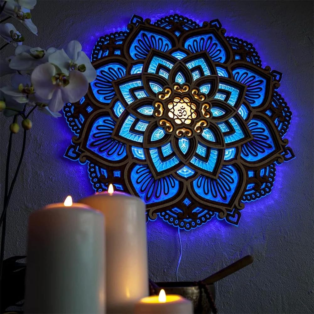 jvsufuik Mandala Wall Decor, Lighted Mandala Wall Art with LED Light, Lotus Flower Wall Art Decor, Boho Wooden Flower Night Light, Meditation Wall Hanging, Bohemian Yoga Home Decoration