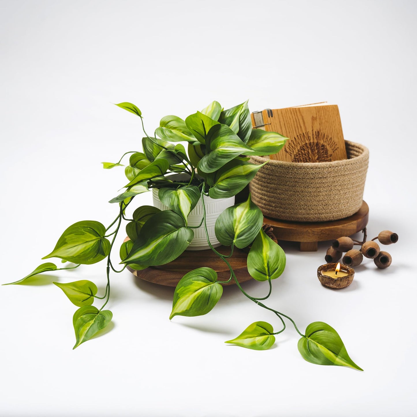 Kurrajong Farmhouse Dark Green Fake pothos | Fake Plant for Shelf Decor | Artificial Trailing Ivy Plant with 5" Wide Ceramic Pot | Faux pothos | Feaux Pothos | Bathroom and Kitchen Decor