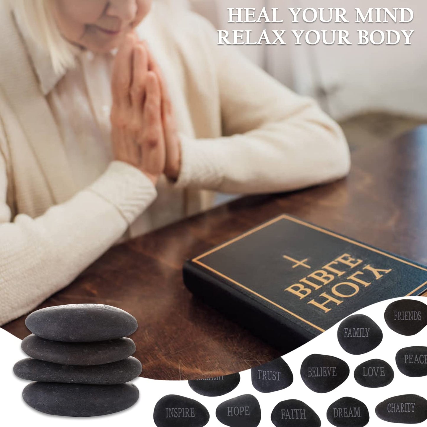 12PCS DIY Rocks for Engraved Inspirational Polished Garden Stones, Natural Encouragement Personalized Healing Decor River Stone - Unique Gift for Friends Arts Crafts (12 Different Words) (Black)