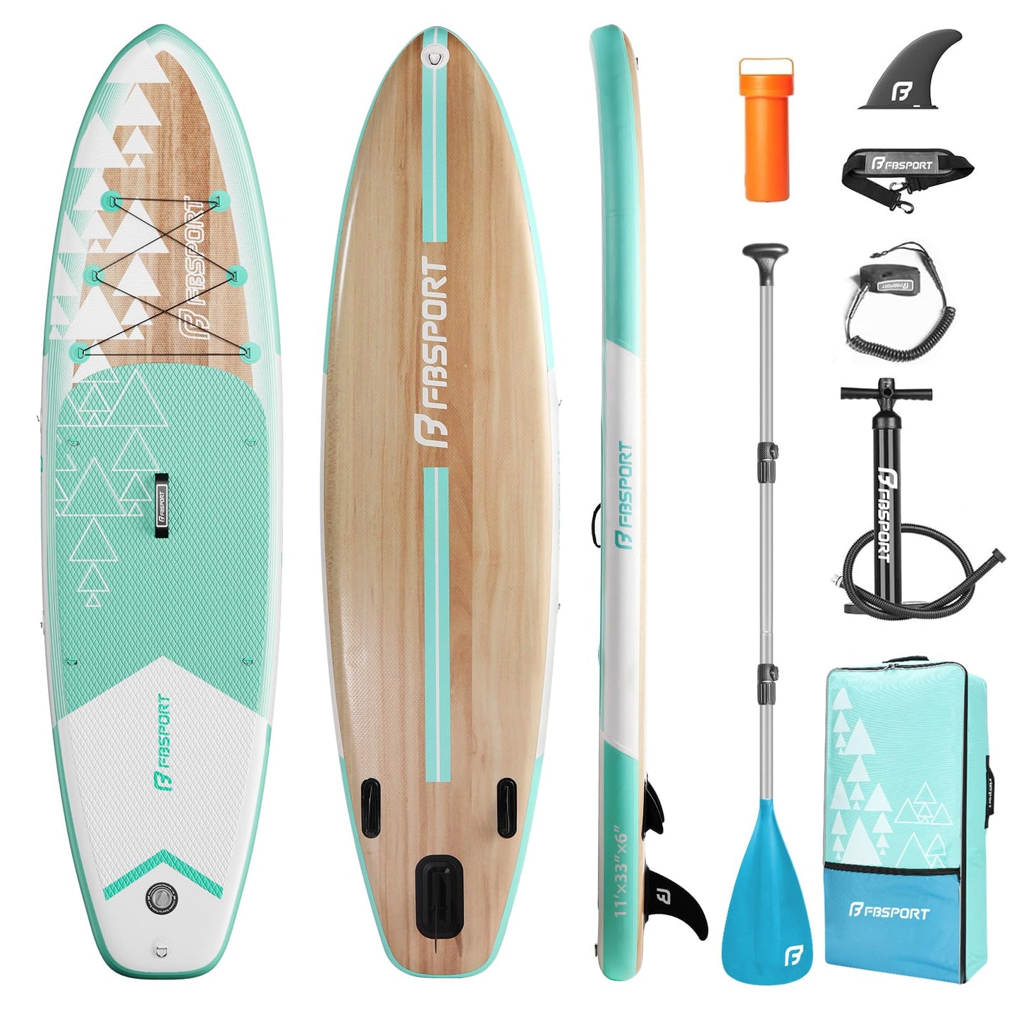 FBSPORT 11' Premium Stand Up Paddle Board, Yoga Board with SUP Accessories & Carry Bag | Wide Stance, Surf Control, Non-Slip Deck, Leash, Paddle and Pump for Youth & Adult (Light Brown)
