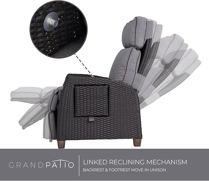 Grand patio Outdoor Reclining Chairs with Extended Footrest 2-Piece Adjustable WickerPatio Lounge Recliner up to 15 with Flip Side Table, Cool Grey