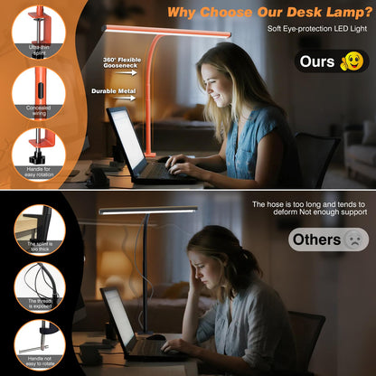 LED Desk Lamp for Office Home, Eye-Caring Desk Light with Stepless Dimming Adjustable Flexible Gooseneck, 10W USB Adapter Desk Lamp with Clamp for Reading, Study, Workbench (Black)