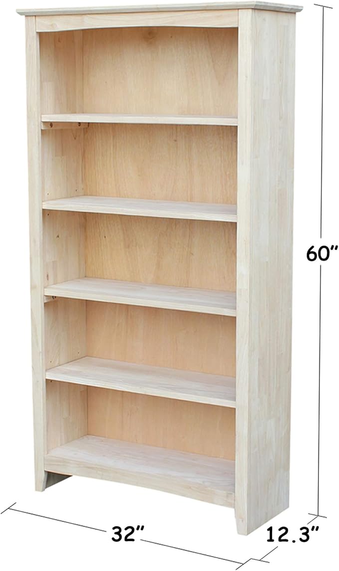 Solid Wood Bookcase 60" High Unfinished Parawood Shelves, Adjustable Storage