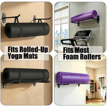 Yoga Mat Wall Mount Hanger ,Metal Yoga Mats Storage Rack, Home Gym Storage with 8 Clips, No-Roll Flat Storage for Folded/Rolled Mats, Foam Rollers, Towels, Resistance Bands, Black Wall Organizer for Gym, Yoga Studio, Bedroom