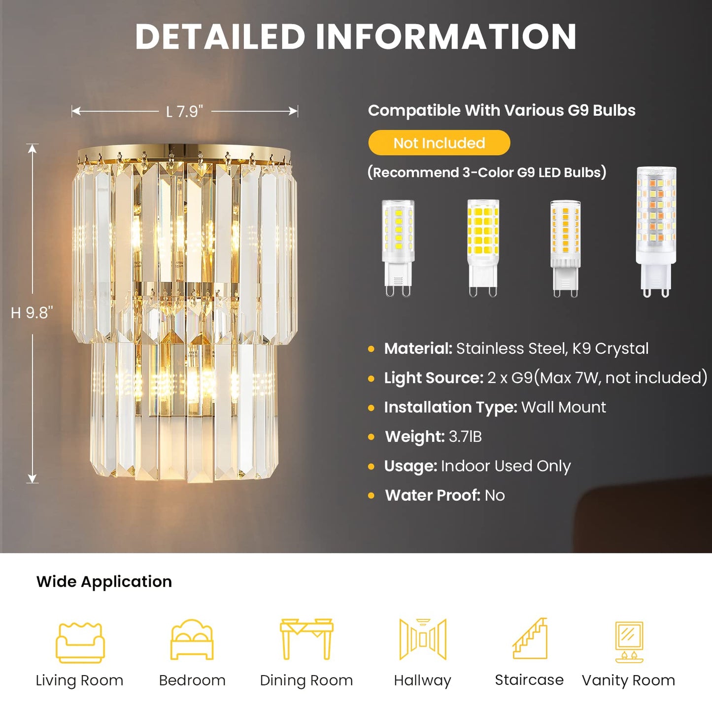 Siljoy 2-Lights Modern Crystal Wall Light, 2-Tiers Crystal Bedside Wall Mount Lighting Fixture, Mirror Gold Stainless Steel K9 Crystal Wall Sconce for Bedroom Living Room Hallway H10'' x L8''