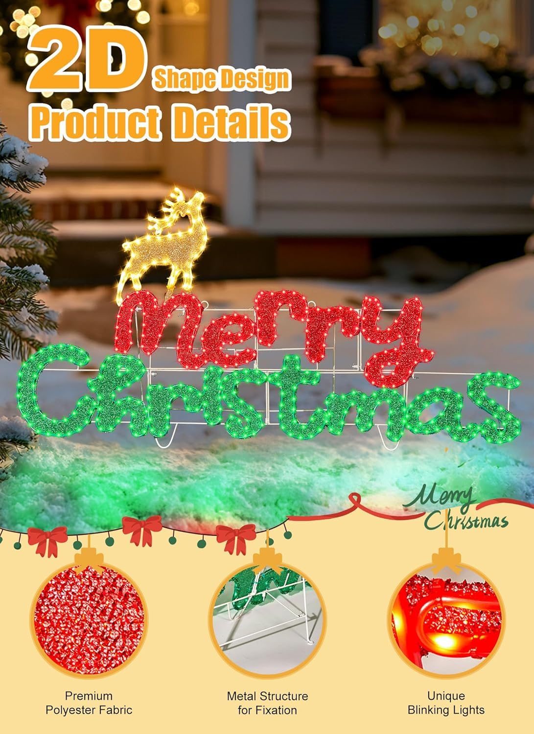 Brightown 4.9FT Merry Christmas Sign Decoration Outdoor, Lighted Merry Christmas Sign with Reindeer, Xmas Neon Lighted Sign for Outside Indoor Front Door Window Wall Hanging Lighted Holiday Displays