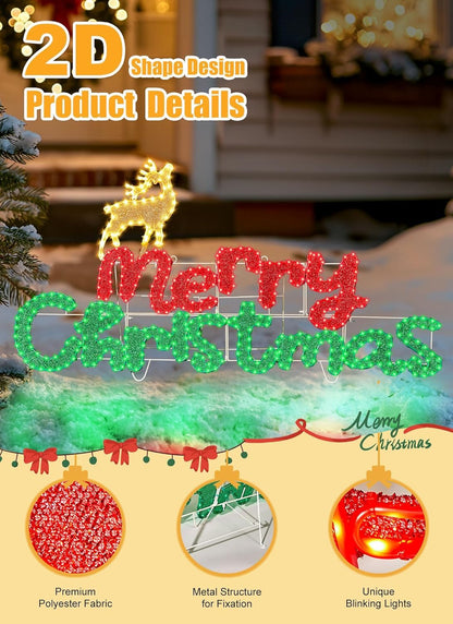 Brightown 4.9FT Merry Christmas Sign Decoration Outdoor, Lighted Merry Christmas Sign with Reindeer, Xmas Neon Lighted Sign for Outside Indoor Front Door Window Wall Hanging Lighted Holiday Displays