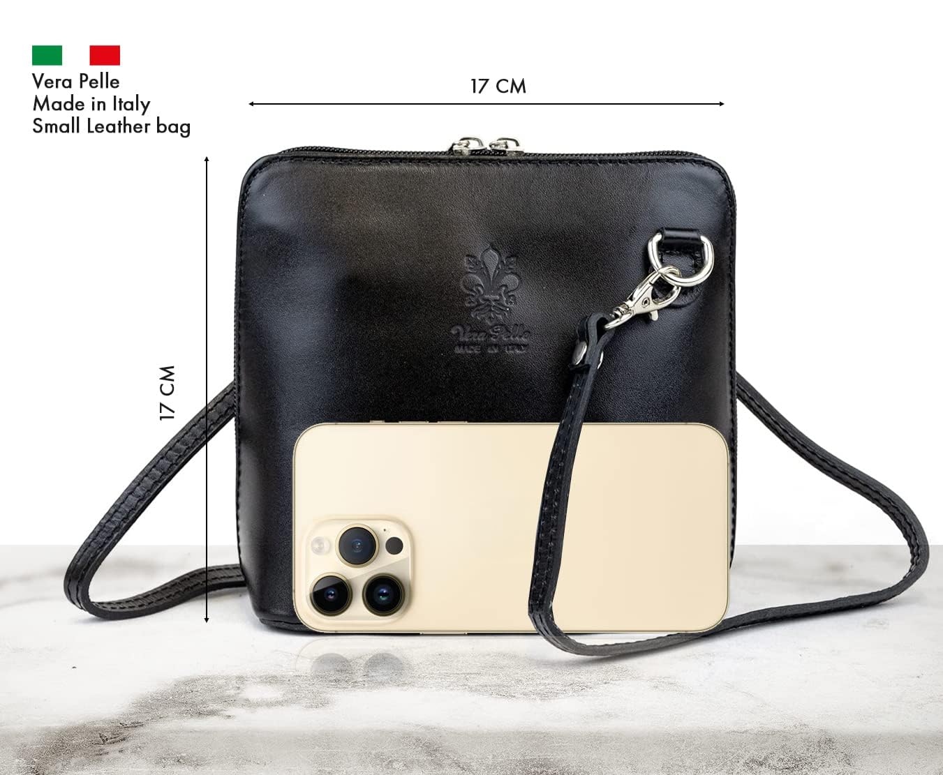 Small Vera Pelle Handbag Genuine Leather Cross Body Bag for Women Italian Mini Shoulder Bag Highquality Strap (Black)