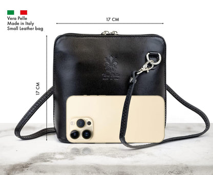 Small Vera Pelle Handbag Genuine Leather Cross Body Bag for Women Italian Mini Shoulder Bag Highquality Strap (Black)