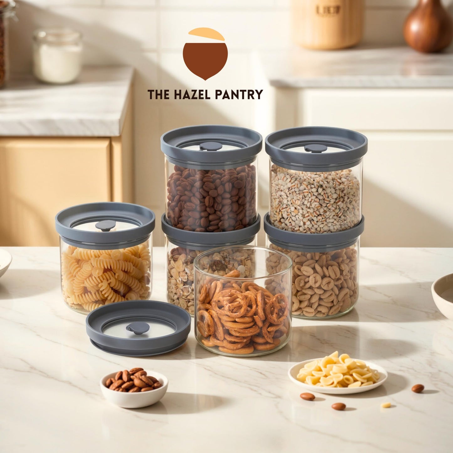 THE HAZEL PANTRY Glass Canisters with Airtight Lids Set of 6 (17.5 oz) - Borosilicate Glass Jars for Overnight Oats, Meal Prep & Pantry Storage, Stackable, BPA-Free, Dishwasher Safe Kitchen Containers