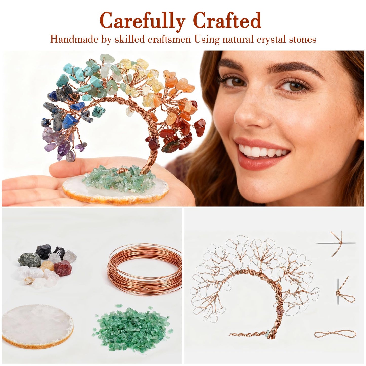 7 Chakra Crystal Money Tree with Agate Base, Fengshui Wealth Bonsai Figurine, Natural Crystal Chip Copper Wire Tree Ornament for Home Office Wedding Decoration (3-4 Inch)