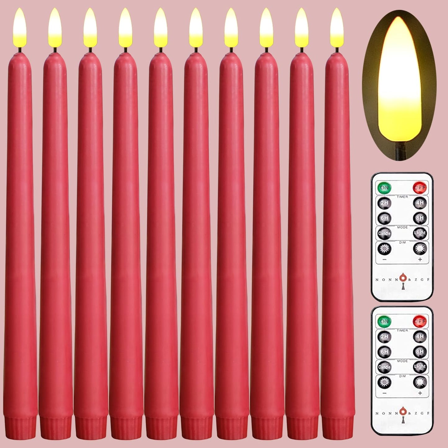 NONNO & ZGF 10 Red Flameless 11'' Wax Coverd Taper Candles with 2 Remote,Use 2-AA Battery(not Included) Runs 200 Hours, LED Battery Operated Candle for Candlesticks, Wedding, Patry, Hotel