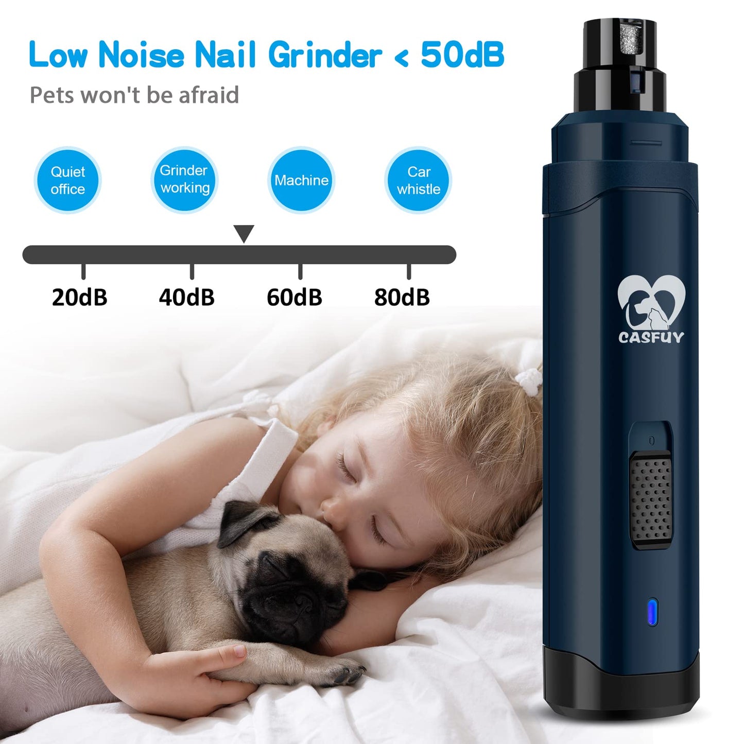 Casfuy Dog Nail Grinder Upgraded - Professional 2-Speed Electric Rechargeable Pet Nail Trimmer Painless Paws Grooming & Smoothing for Small Medium Large Dogs & Cats