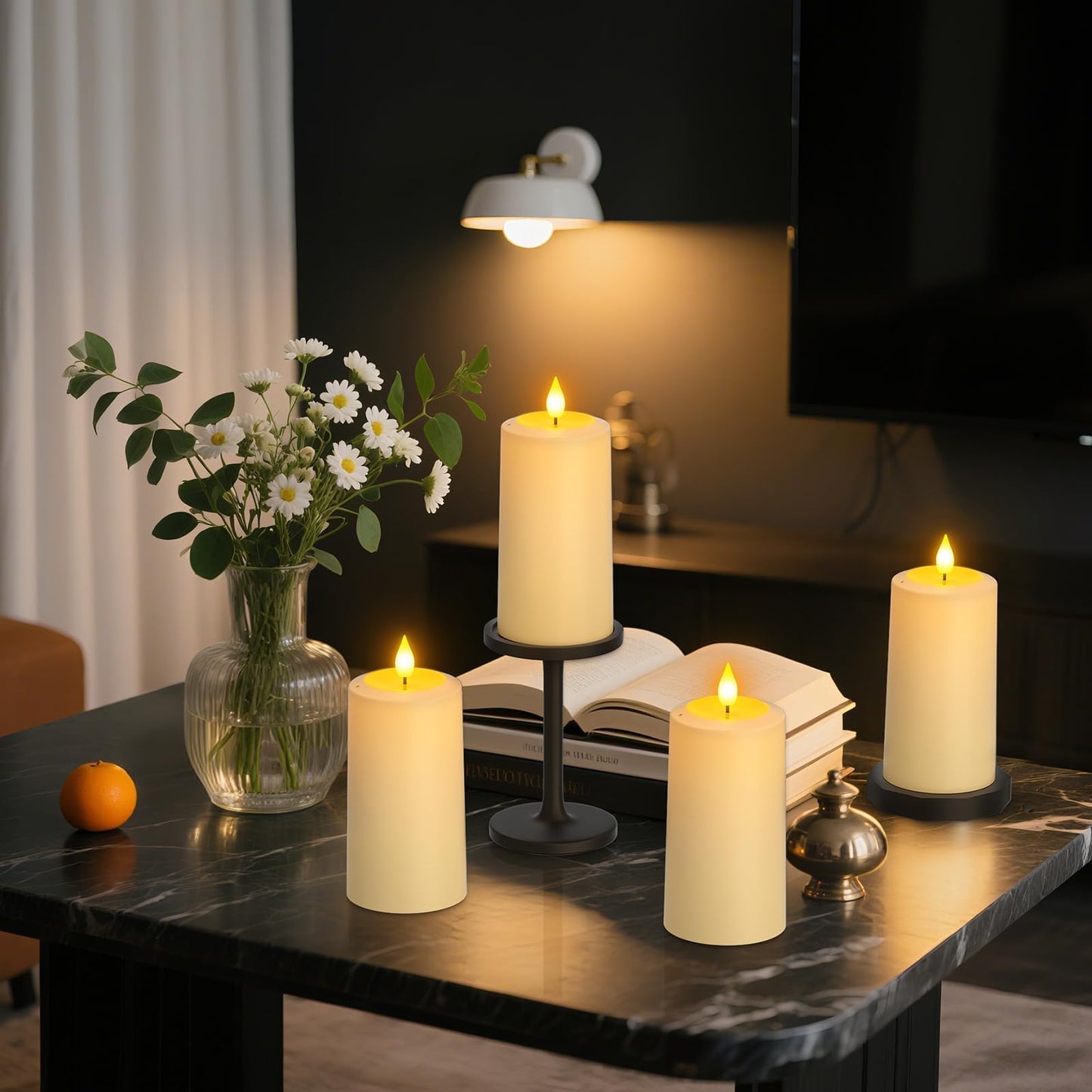 SoulBay USB Rechargeable Flameless Candles, 4-Pack LED Pillar Candles with Remote and Timer, Fake Electric Candles for Indoor Home Decor, Lanterns, Christmas & Parties (Magic Blow-Out Feature)