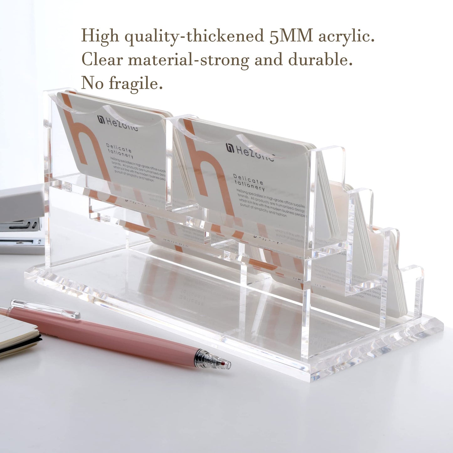 HeZone Business Cards Holder Display for Desk, Clear Acrylic Multiple 3 Tier 6 Slot Business Card Stand, Holds 300 Cards-1 Pack (6 Slots-H)
