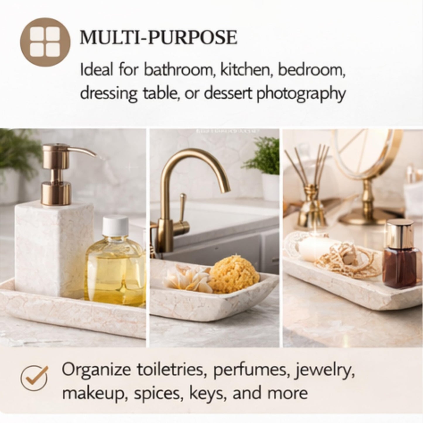 Creative Home Natural Champagne Marble Rectangular Vanity Tray Towel Tray Boat Shaped Tray Bathroom Accessories Organizer for Bathroom Countertop, Kitchen Sink, Jewelry, 16.5" x 6.3" x 1.5" H, Beige