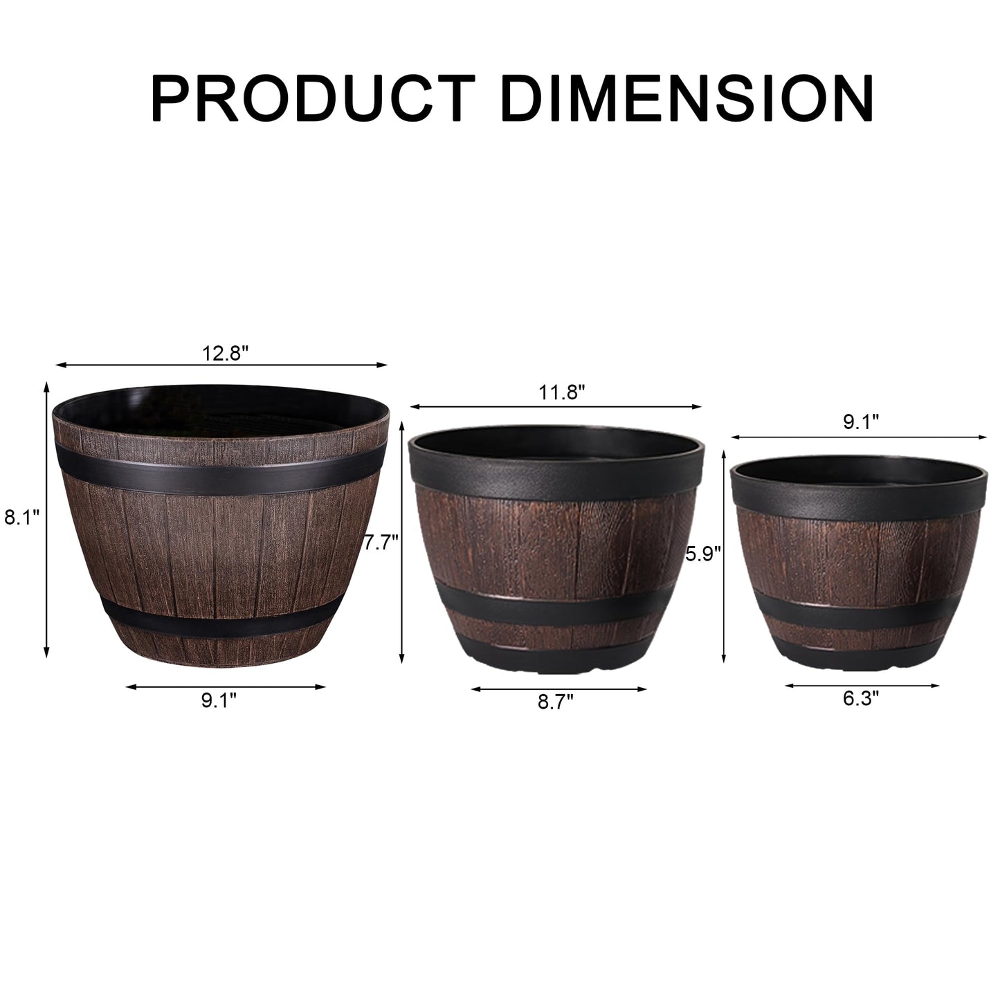 VECELO Plant Pots with Drainage Holes & Saucer, 9/11.3/13 Inch Flower Pots with Tray, 3 Pack Plastic Whiskey Barrel Planters for Indoor & Outdoor Garden Home Plants and Flowers