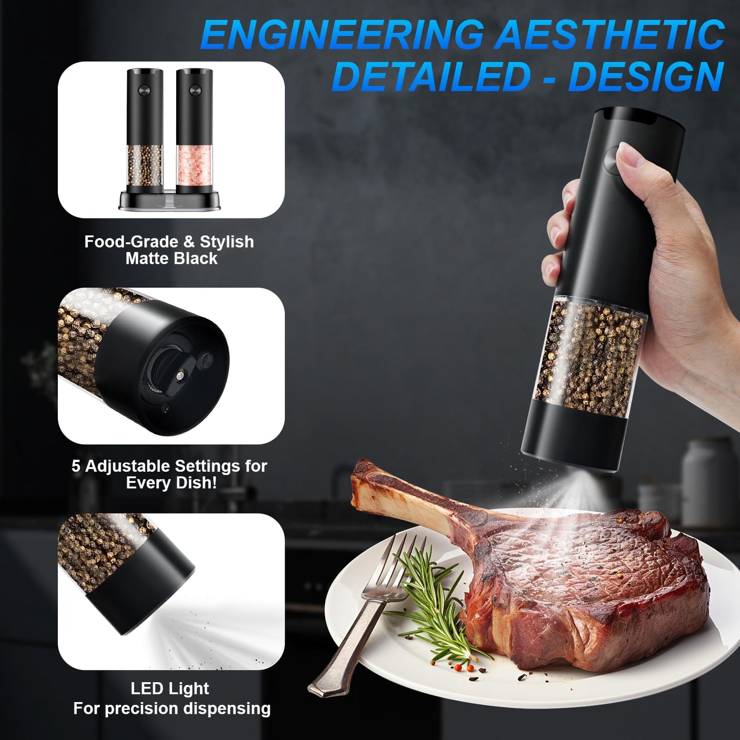 JIDSPWLS Electric Pepper and Salt Grinder Set（2 Pack Black/Black）Adjustable Coarseness Salt & Pepper Mill,With LED Light,Easy to Clean,Battery Powered,One Handed Operation,Kitchen Essential