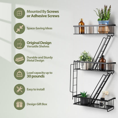 SweetSage Fire Escape Wall Shelf - New York Decorative Ladder Shelf, Wall Art Floating Shelf Black Metal Shelves for Bedroom, Home Office Storage and Display (3-Tier)
