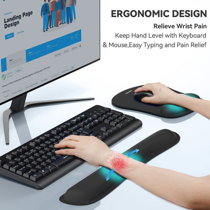TECKNET Keyboard Wrist Rest and Mouse Pad with Wrist Support, Memory Foam Set for Computer/Laptop/Mac, Lightweight for Easy Typing & Pain Relief Ergonomic Mousepad (Black)