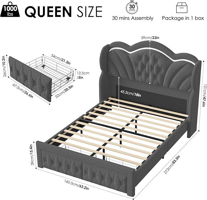 Keyluv Queen Bed Frame with LED Lights and 2 Storage Drawers, Velvet