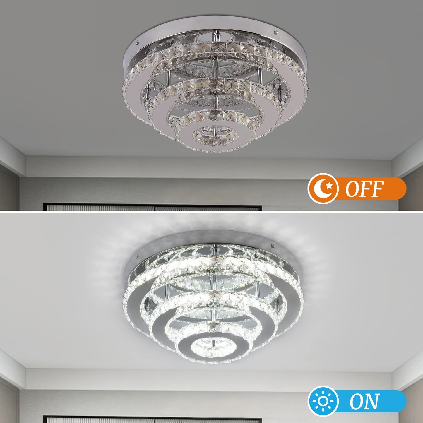 YPQXYHDA Modern Crystal Chandelier LED 3 Tier Crystal Ceiling Lights Flush Mount Round Chandeliers for Bedrooms Dining Room Living Room,Dia 13.8",Cool White,42 W