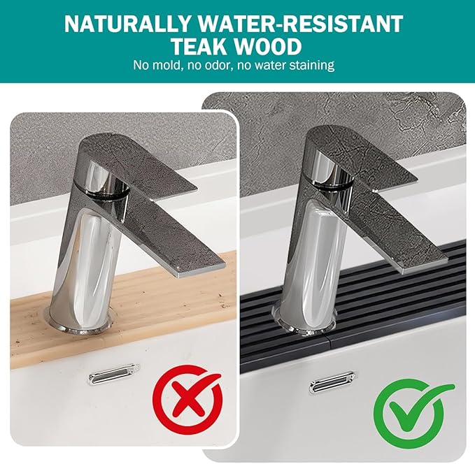 PEKER Teak Wood Faucet Mat for Kitchen Sink 19.7" – Natural Teak Sink Splash