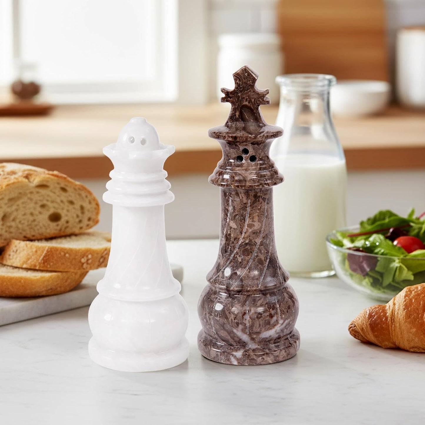 EarthenTones Marble Salt and Pepper Shaker Set, Handmade Oceanic & White Kosher Salt & Spice Shakers, Salt and Stone Kitchen Décor for Countertop Storage, Luxury Home and Gift Accessory