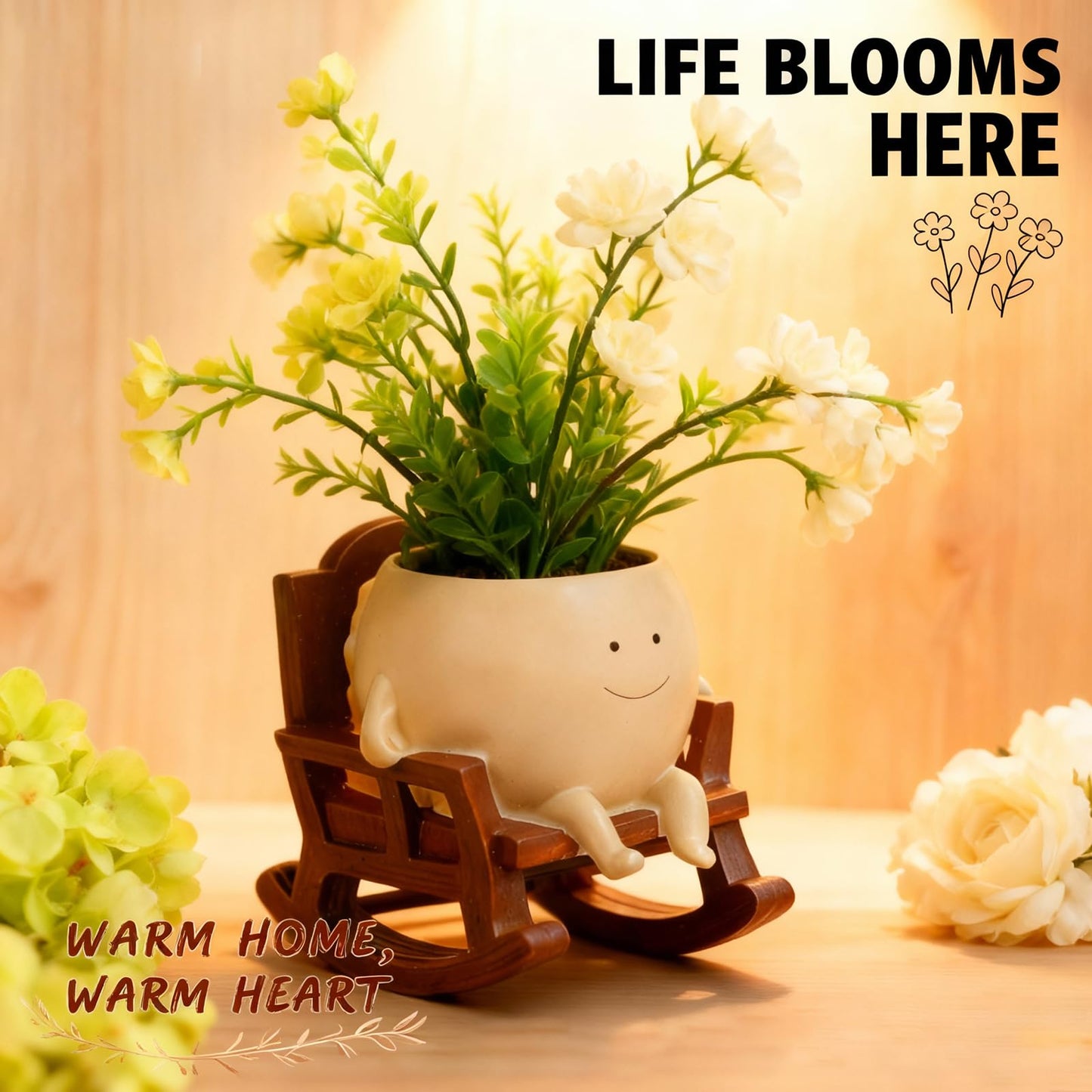 FURUBETA 4 Inch Rocking Chair Smiley Face Planter Pots with Drainage Hole, Resin Pot for Succulents, Cute Spring Indoor Outdoor Garden Decor, Unique for Plant Lovers
