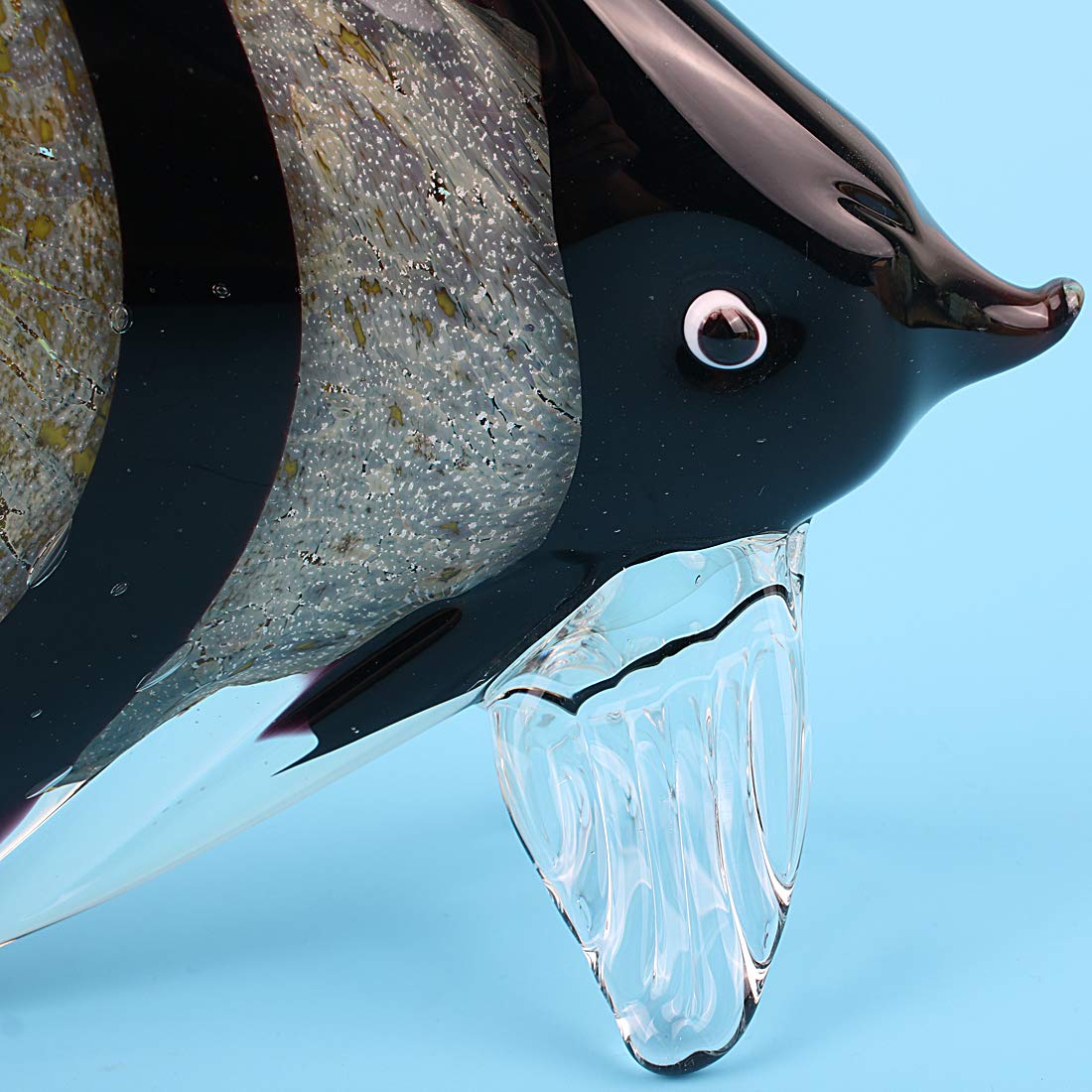 Hophen Art Glass Tropical Angel Swallow Fish Blown Handmade Sea Animal Figurine Sculpture Home Decor Collectible Statue Paper Weight Gift Ornament (Black White)