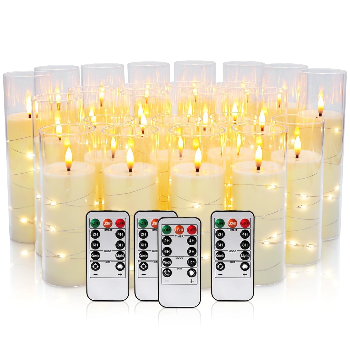 CAKETYCG 24 Pcs LED Flameless Candles with Remote, 3D Flickering Flame & LED String Lights, Acrylic Clear Cylinder, Timer Function, Romantic Ambience for Home Decor, Party, Wedding (Ivory).