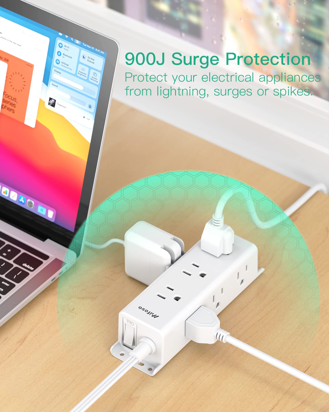 Surge Protector Power Strip - 9 Widely Spaced Multi Outlets, Wall Mount, 3 Side Outlet Extender with Extension Cord, Flat Plug, Overload Protection, Home Office Dorm Room Essentials (5FT, White)