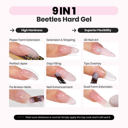 Beetles Hema Free Hard Gel for Nails,2.12 oz 9 in 1 Hard Gel for Nail Extension & Strengthening Broken Nail Repair with Flat Brush 100 Pcs Nail Forms UV LED Lamp Cured Salon Nail Technicians Women